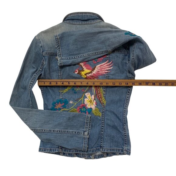 VTG Peacock Embroider Jean Jacket Extra Long Sleeves Y2K Fairygrunge dopamine - Picture 8 of 15